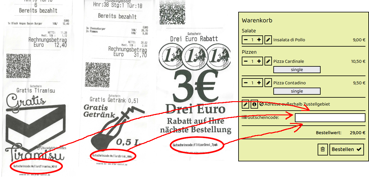 Beispiel für Gutscheincodes auf Rechnungszetteln von SADAT Imbiss in Graz Annenstraße 54 – drei Rechnungen mit individuellen Gutscheincodes, die im Online-Warenkorb des Restaurants eingegeben werden können.